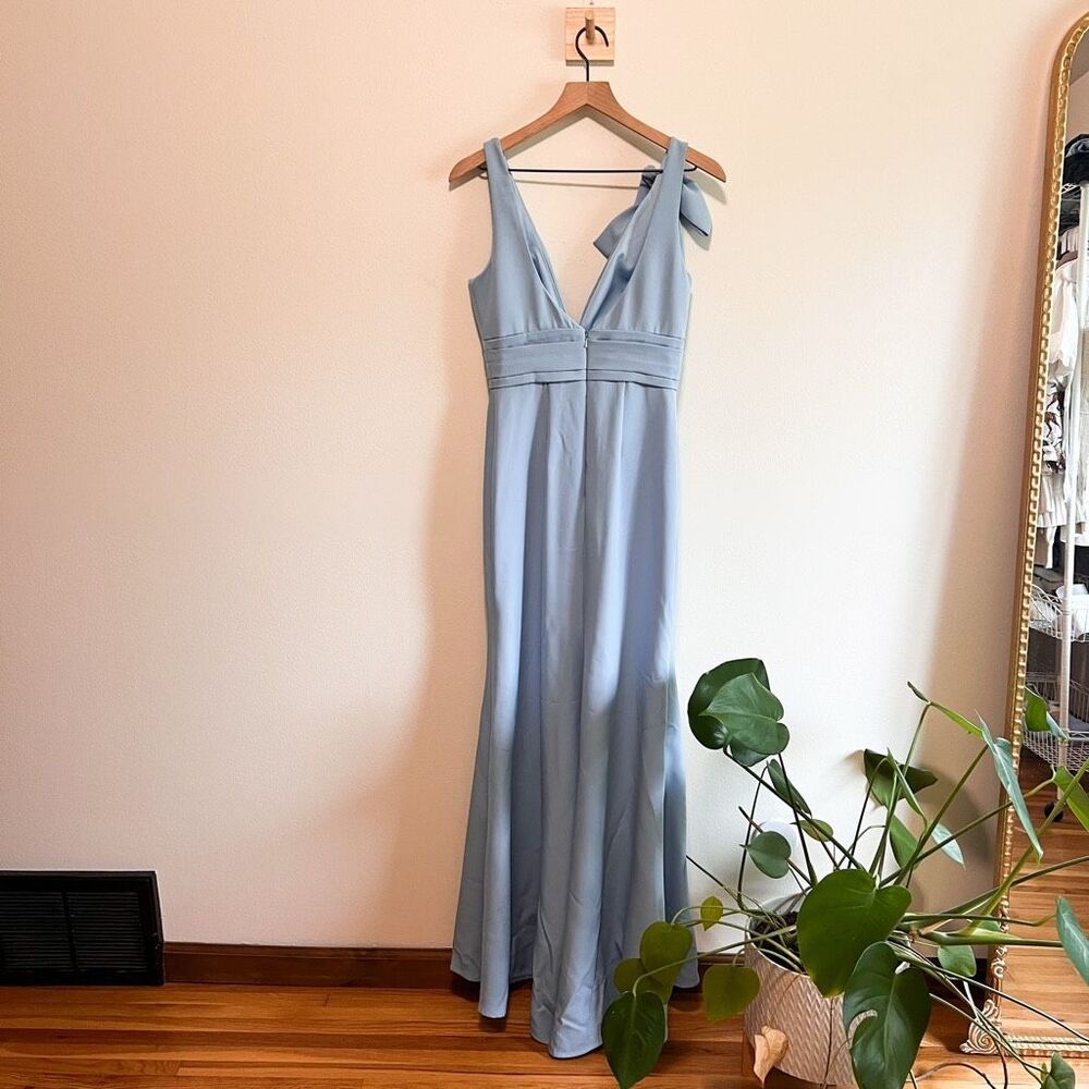 Mac Duggal Blue Sleeveless V Neck Bow Detail Mermaid Gown Size 2 - Picture 8 of 10
